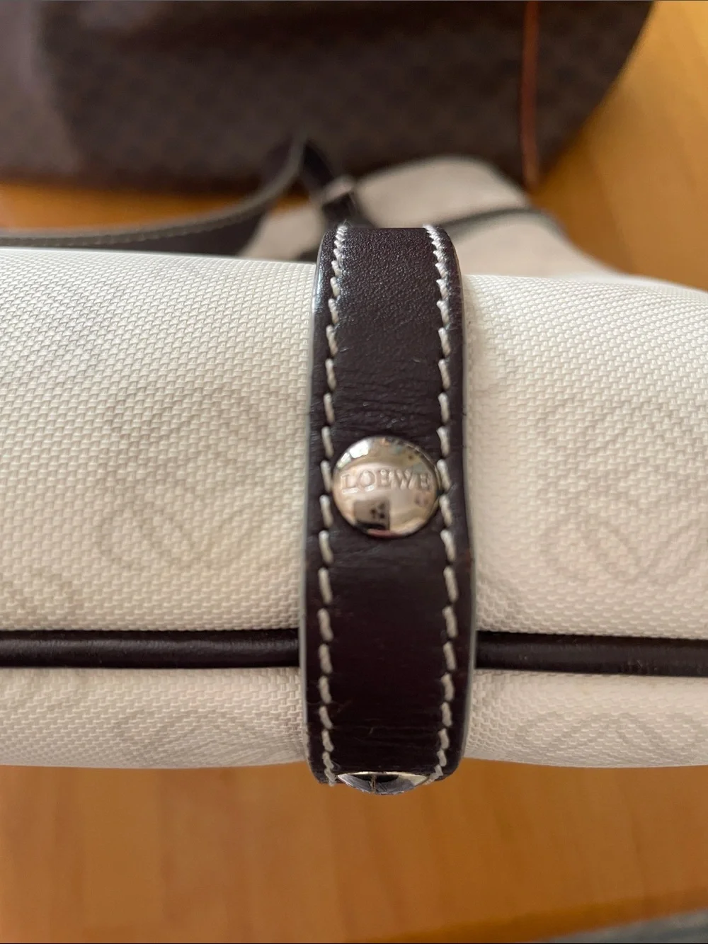 Loewe White Cream Bag with Dark Brown Trim Vintage